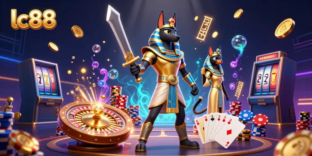 Experience the thrill of gaming at lc88 with Anubis and Bastet amidst a casino scene.