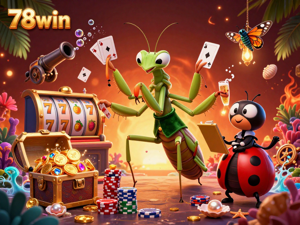 Engage with 78win's vibrant casino scene featuring a mantis card sharp, ladybug pit boss, and stunning game elements.
