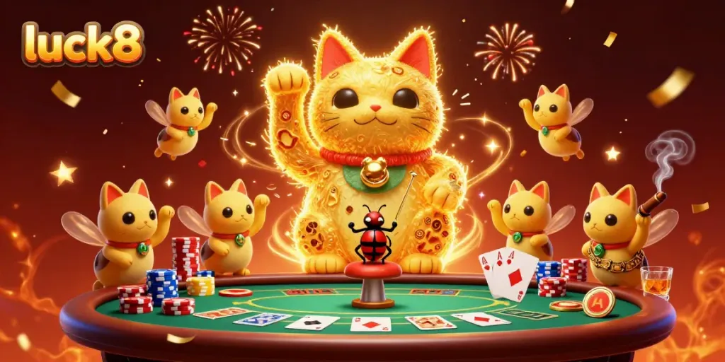 Engage in luck8 gaming with a vibrant illustration of a golden lucky cat and poker elements in a thrilling casino setting.