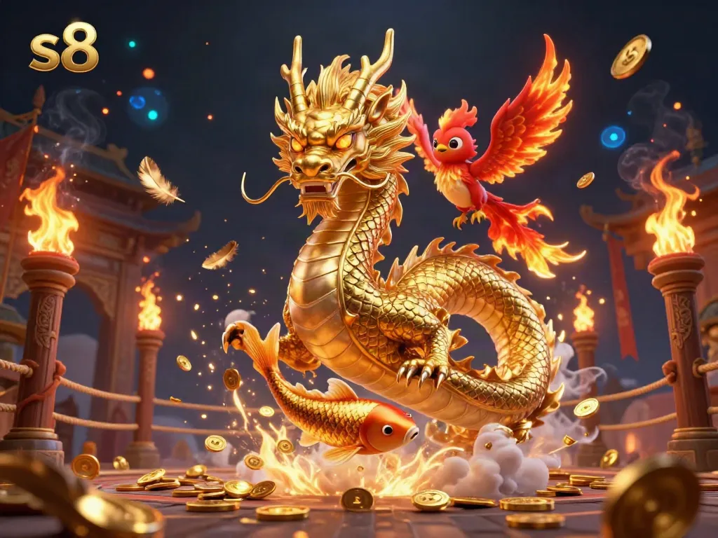 Engage in dynamic slots action with glowing s8 characters amidst swirling gold coins.