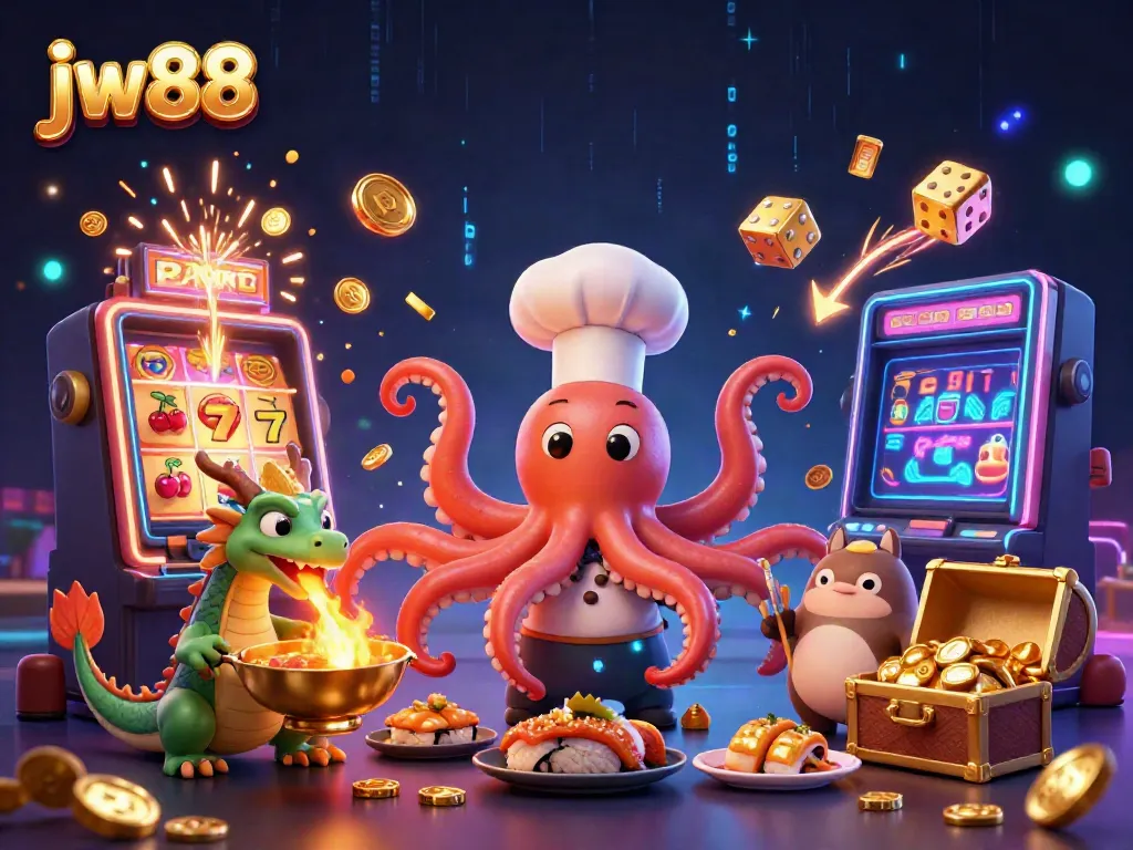 Engage in thrilling gameplay at jw88 with a dynamic 3D casino scene featuring colorful slot machines and animated characters.