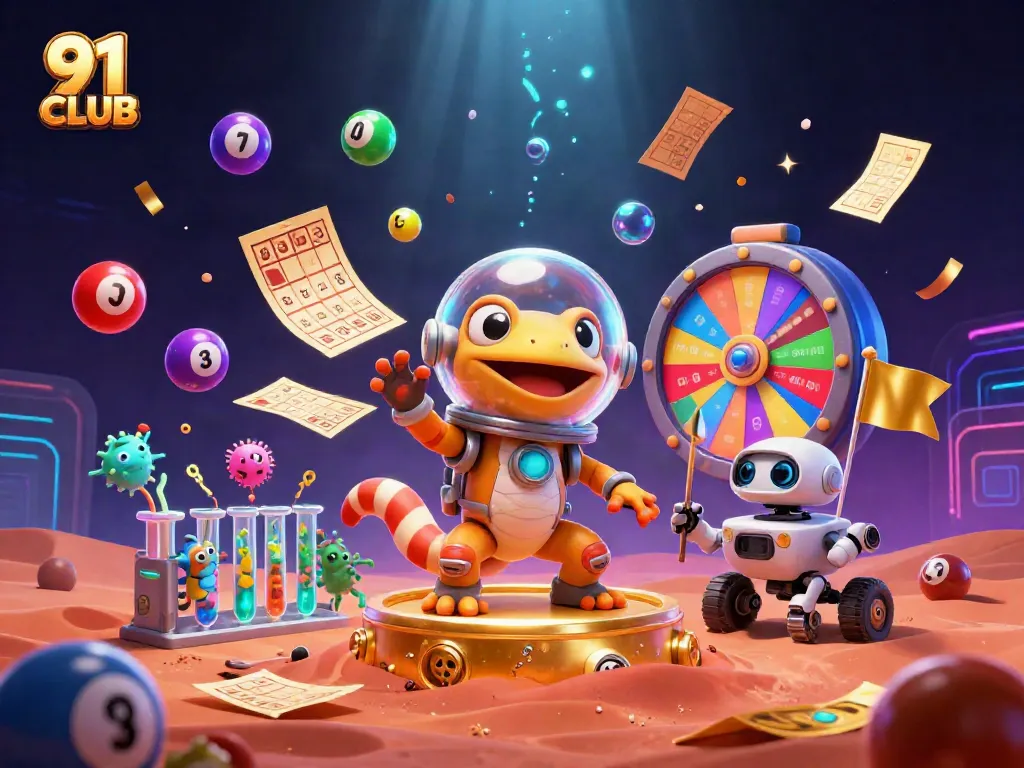 Play exciting games at 91 CLUB with vibrant casino elements and dynamic Martian characters.