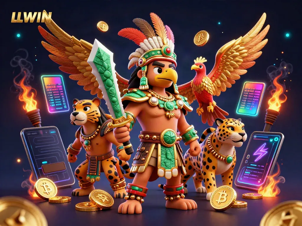 Experience the vibrant thrills of LLWIN's casino games with dynamic 3D Aztec characters and crypto elements.