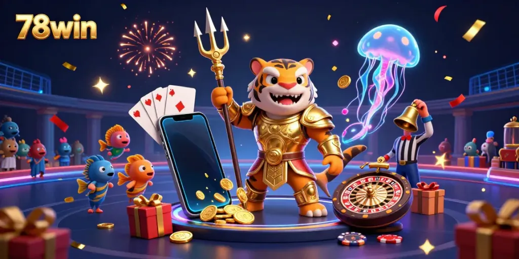 Experience the excitement of 78win with vibrant 3D illustration showcasing a tiger shark in gladiator armor.