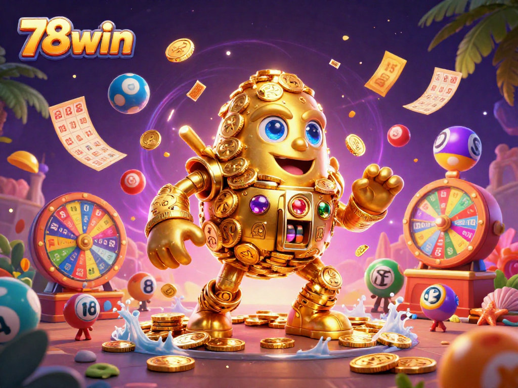 Experience the thrill of 78win's casino games with vibrant lottery balls and a magical golem.