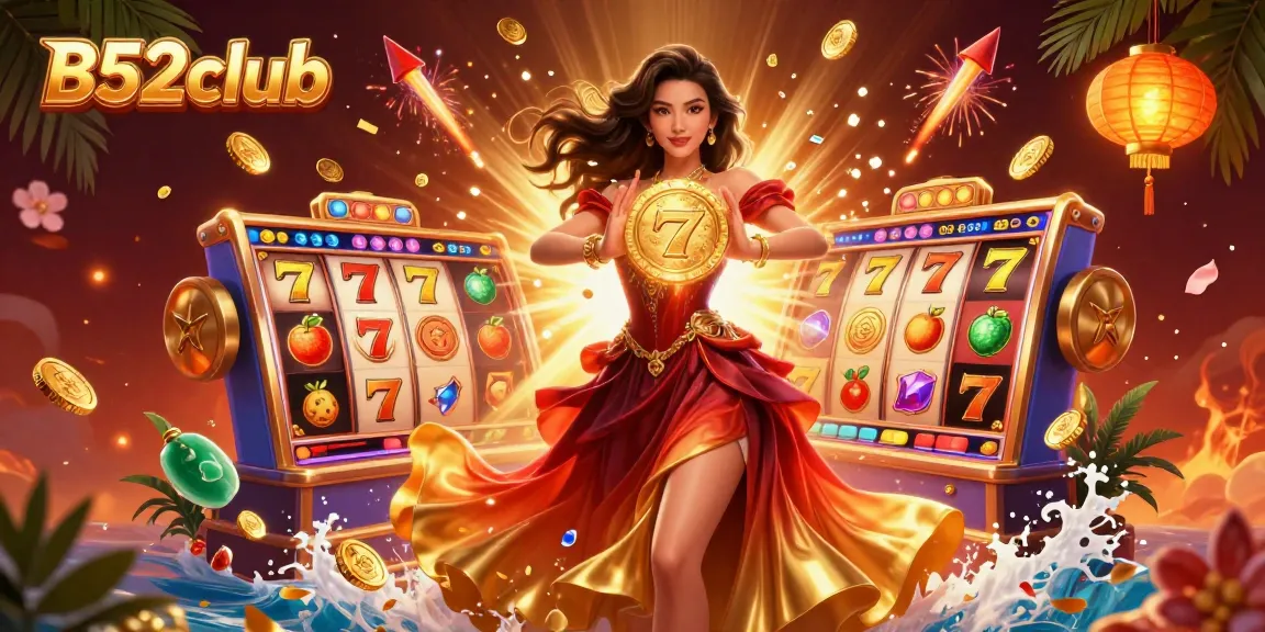 B52club illuminates victory with vibrant 3D slots and a stunning character winning coins.