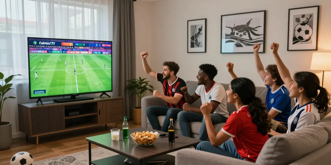 Friends enjoy a live football match on CakhiaTV in a lively living room setting.