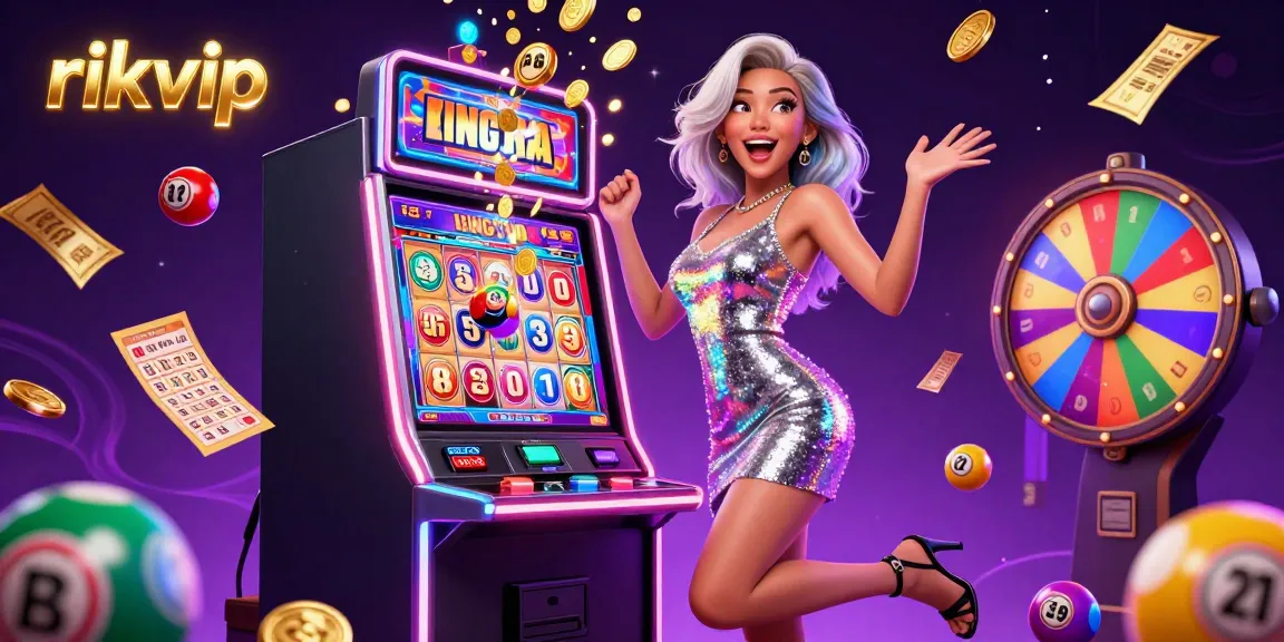 Celebrate jackpots at rikvip with an Asian woman exuding excitement near a slot machine, surrounded by colorful lottery elements.