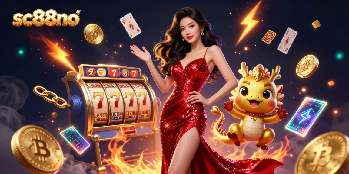 Experience thrilling entertainment at sc88no with a stunning casino scene featuring slot reels and floating playing cards.