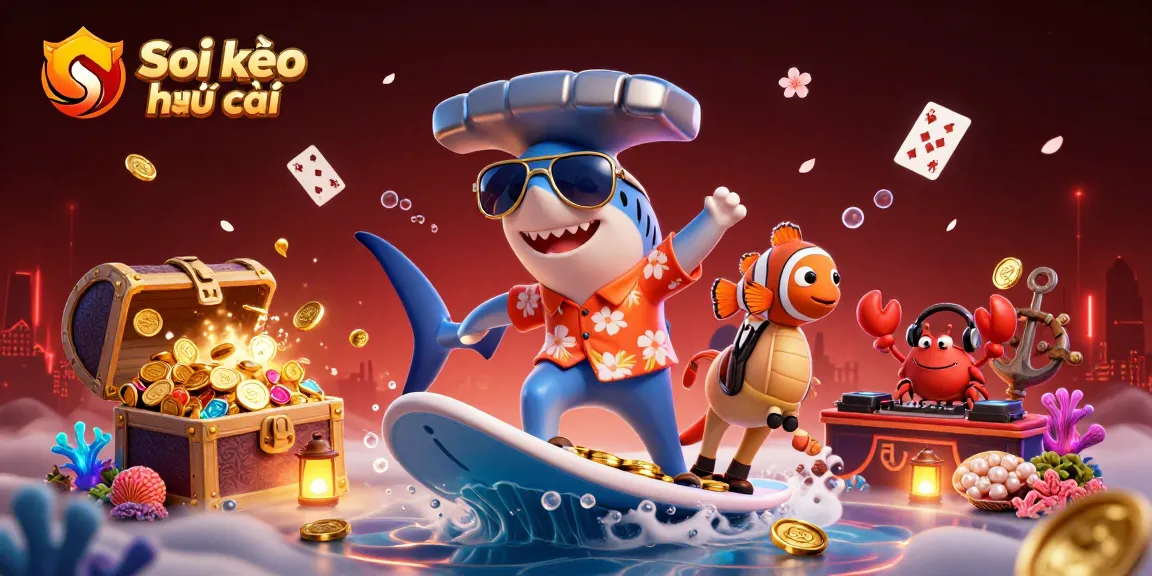 Soi kèo nhà cái vibrant scene with cartoon shark surfing on gold coins, playful sea creatures, and dynamic casino elements.