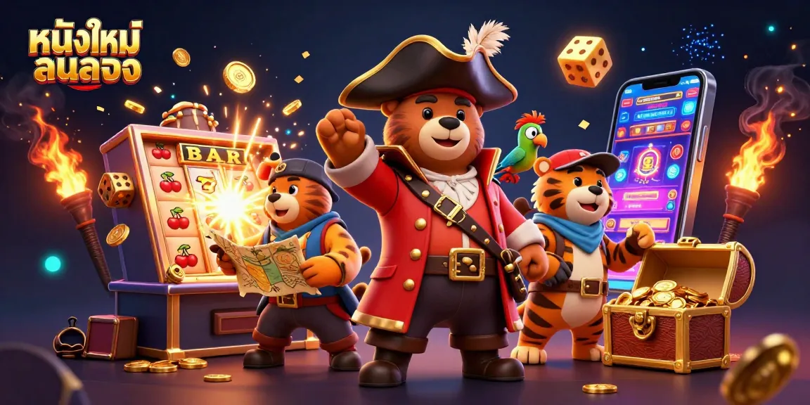Experience หนังใหม่ชนโรง with vibrant casino-themed 3D illustration featuring a pirate bear, tiger, and parrot.