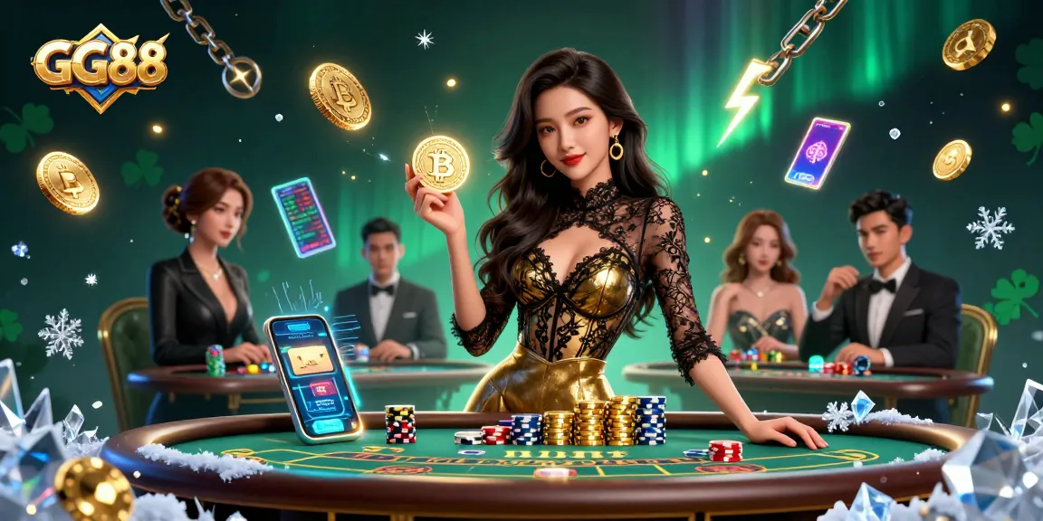 Experience high-stakes gaming at GG88 with a glamorous baccarat scene filled with crypto elements.