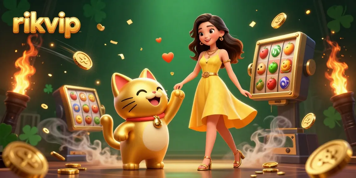 Experience thrilling gameplay at rikvip with slots, golden coins, and a cheerful lucky cat in a vibrant casino scene.