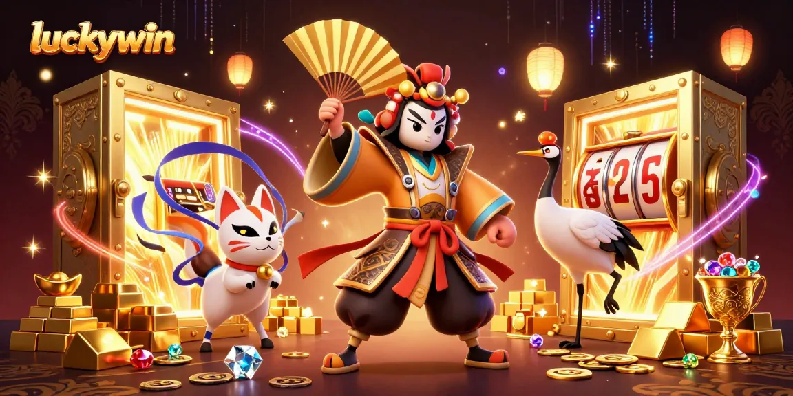 Win big with luckywin as kabuki warrior and kitsune interact in a vibrant casino world.