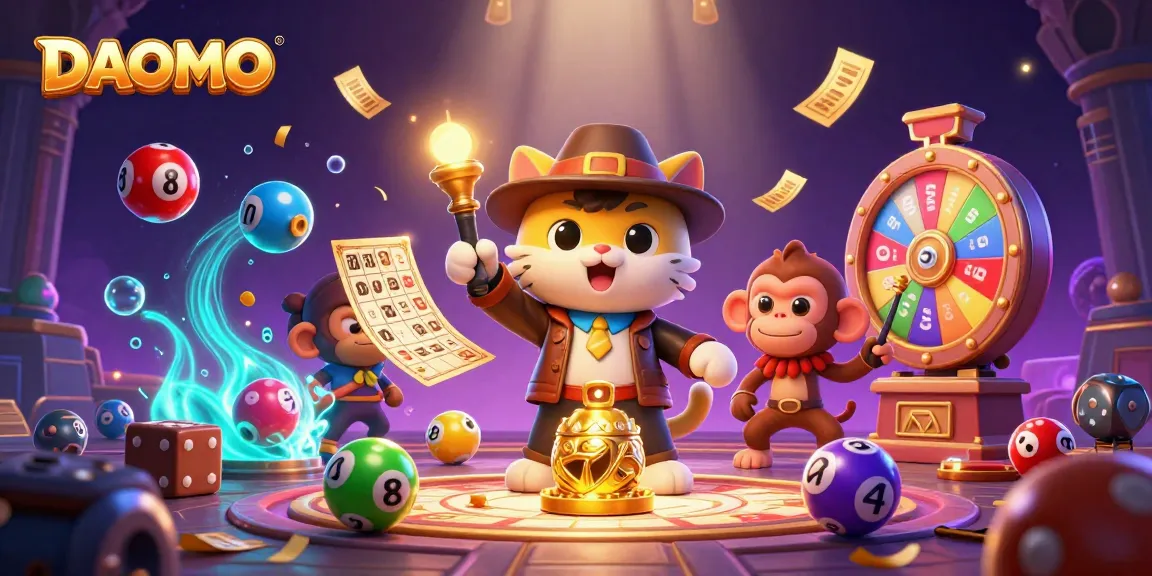 DAOMO cat explorer uncovers casino treasure amidst colorful lottery elements and vibrant game effects