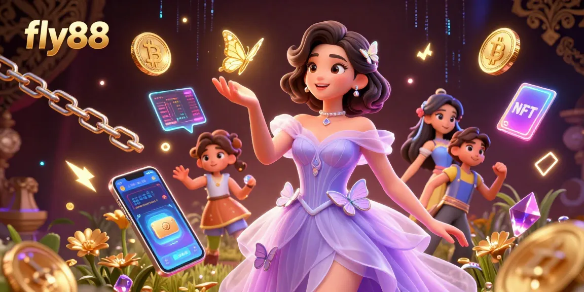 Engage in thrilling gaming on fly88, featuring vibrant illustrations of casino elements and enchanting characters.