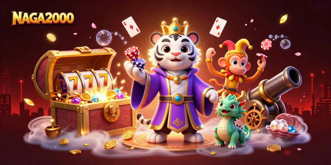 NAGA2000 menampilkan gulungan slot yang menarik dan aksi poker dengan karakter yang berwarna-warni di lingkungan kasino yang kaya.