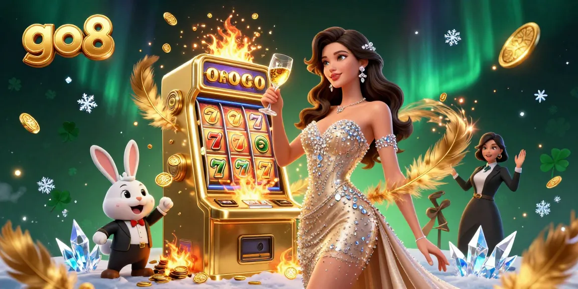 Engage with go8's thrilling slots scene featuring a glamorous woman and vibrant casino elements.