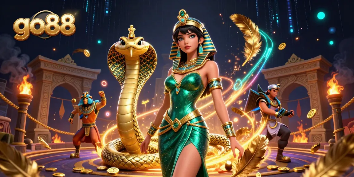 Win big with go88 in a vibrant 3D casino scene featuring a captivating woman and golden cobra.