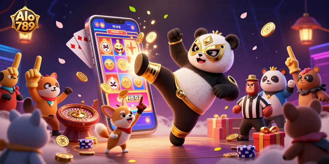 Alo 789 showcases thrilling gambling action with a panda in a luchador mask amidst animated casino elements.