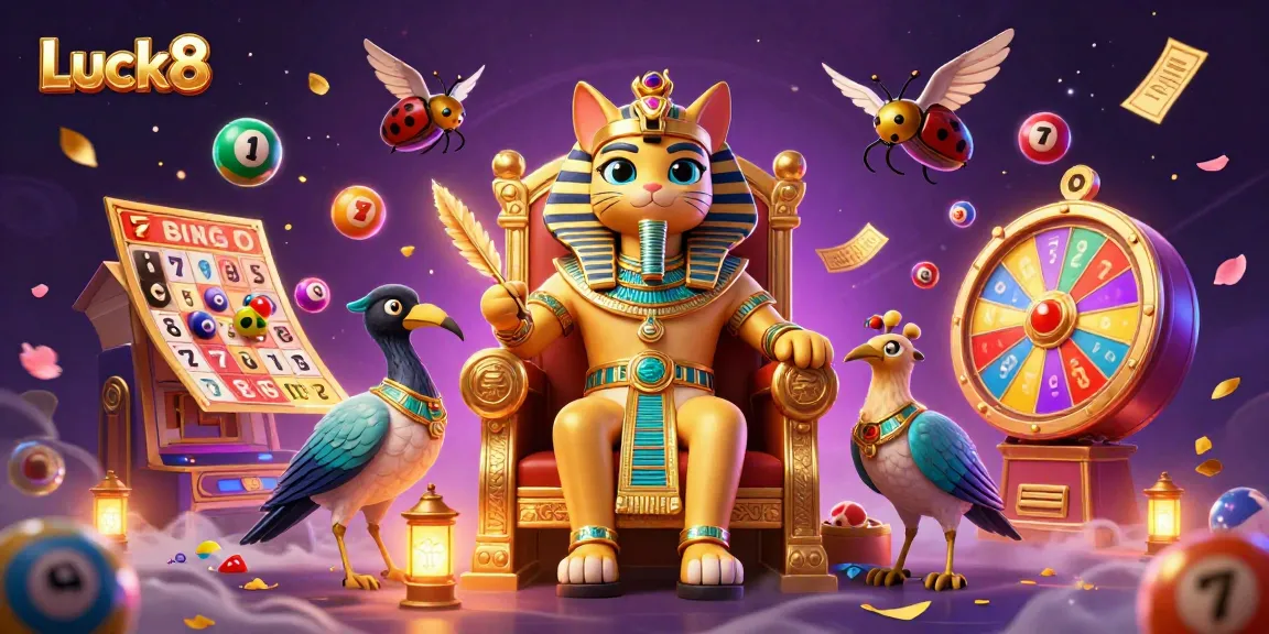 Experience excitement at Luck8 with a lively casino scene featuring a pharaoh cat and colorful lottery elements.