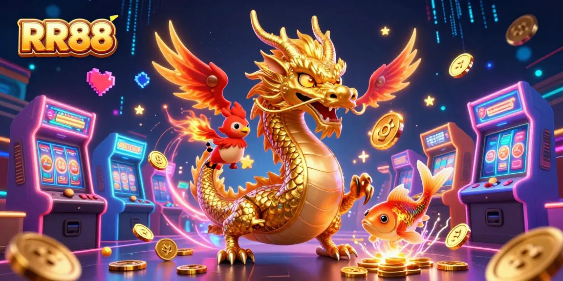 RR88 presents vibrant casino action with a golden dragon, phoenix, and koi fish amidst colorful game elements.