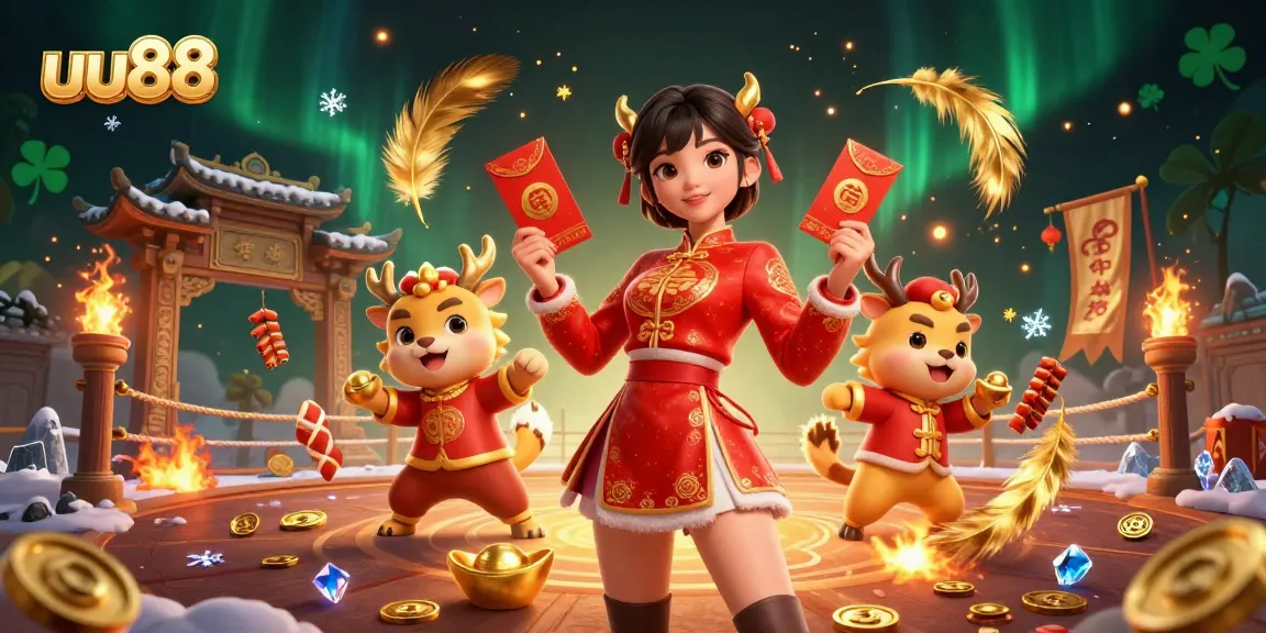 Capture the vibrant excitement of uu88 with a dazzling Lunar New Year celebration, showcasing casino festivities and lucky symbols.