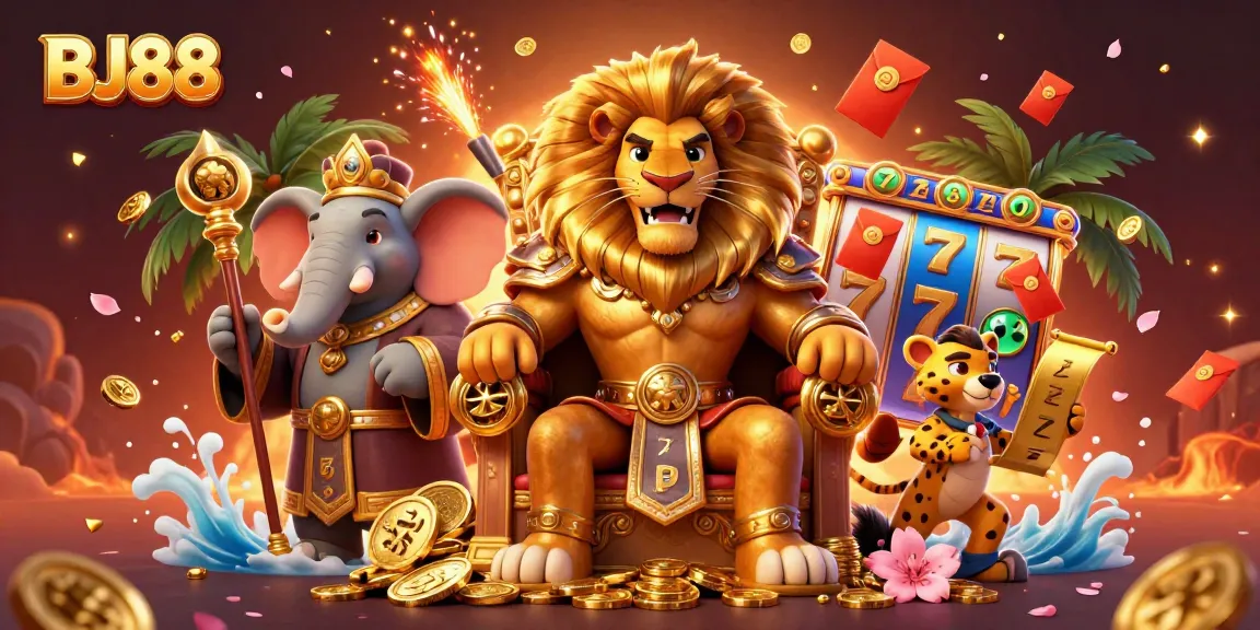 Engage with the dynamic world of BJ88, featuring a majestic lion king and vibrant casino elements.