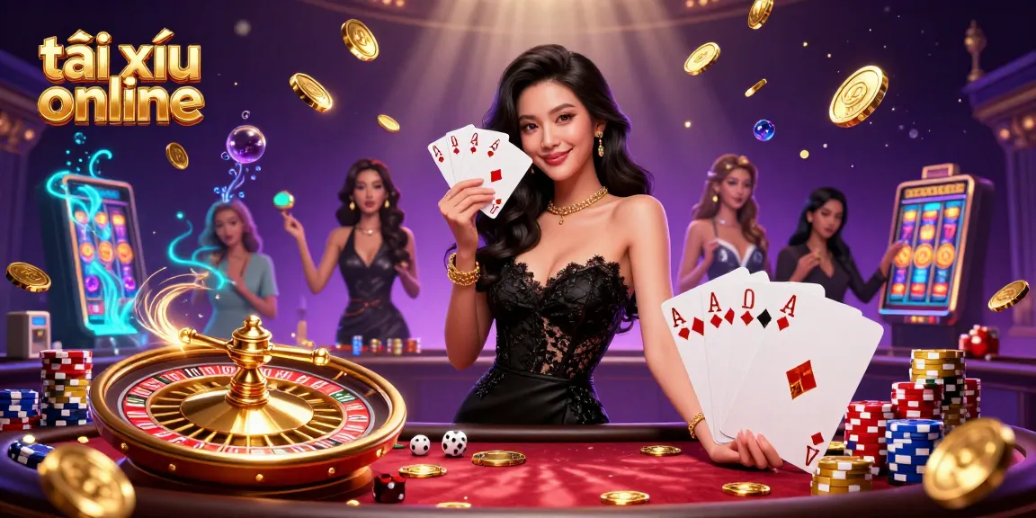 Engage in tài xỉu online gameplay with an Asian woman elegantly showcasing ace cards amid cascading casino elements.