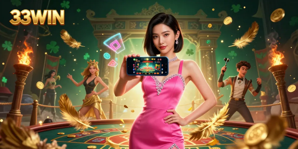 Engage with 33WIN's live dealer games surrounded by vibrant casino elements and dynamic effects.