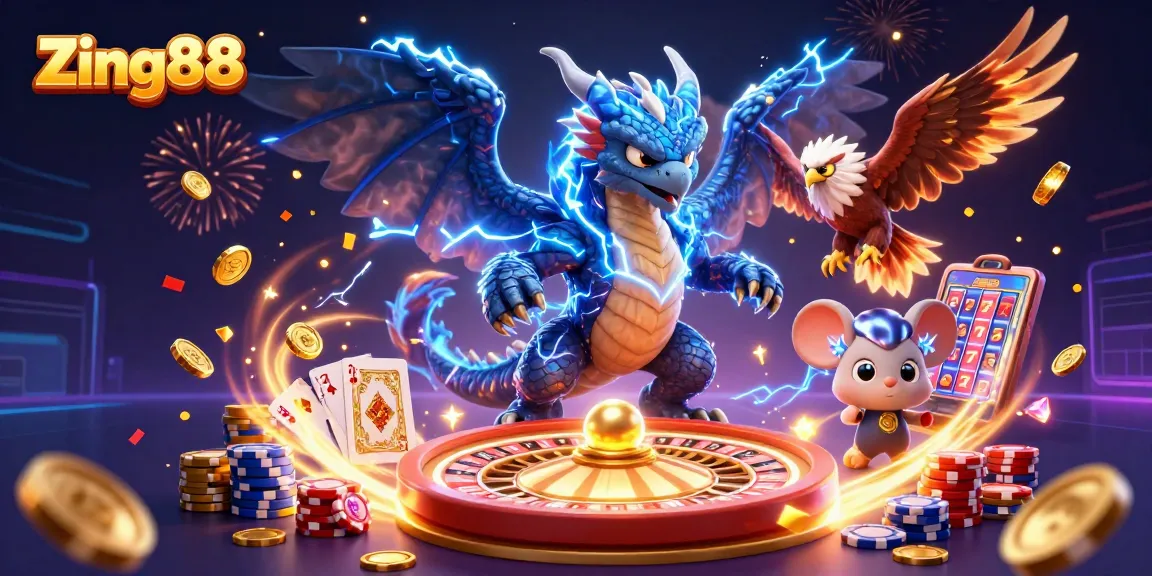 Zing88 offers a vibrant gaming experience featuring a thunder dragon and immersive casino elements.
