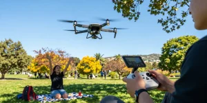 Hobbyist piloting F168 drone in vibrant park, capturing stunning aerial views.