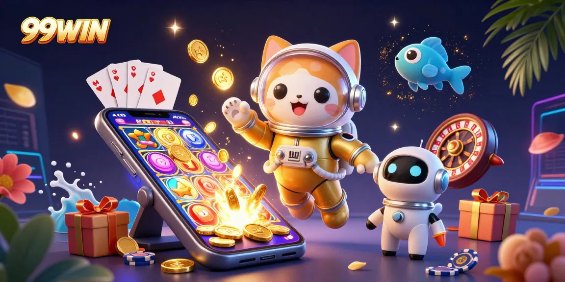 Engage with the vibrant 99WIN universe, where a space astronaut cat and robot dog usher in thrilling slot gameplay.