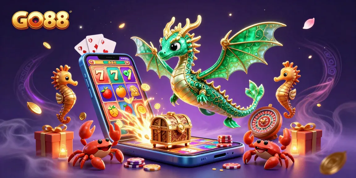 Immerse in the GO88 world with a magical scene featuring a leafy sea dragon, treasure, and colorful slot games.