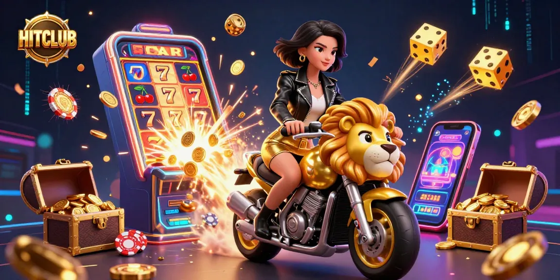 Experience the thrills of HITCLUB with a glamorous woman riding a golden lion amidst a jackpot explosion.