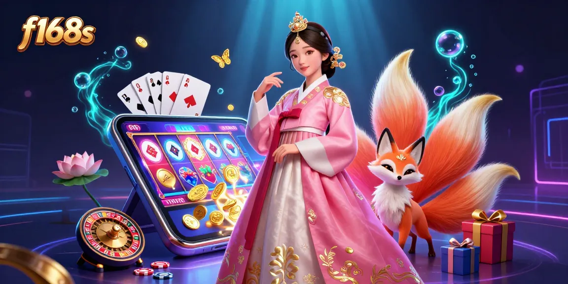 Experience vibrant casino action with f168s, featuring a stunning Asian woman in a hanbok, joyful gameplay elements, and golden treasures.