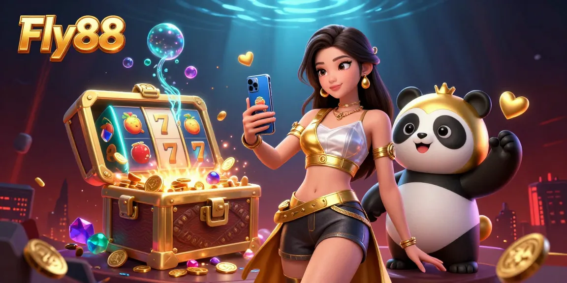 Play casino games with Fly88 featuring an elegant woman, golden panda mascot, and vibrant slot elements.