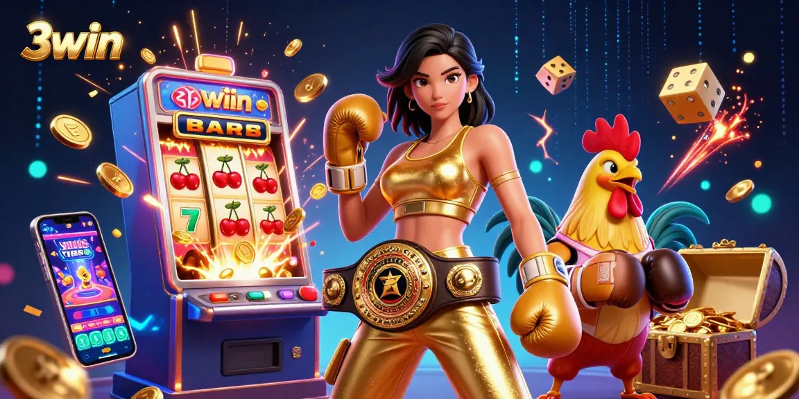 Experience the thrill of 3win casino games through an exciting 3D illustration packed with action and vibrant energy.
