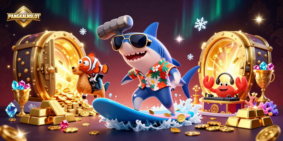 PANGKALANSLOT showcases a cartoon shark surfing gold coins amidst dazzling gems and casino elements.