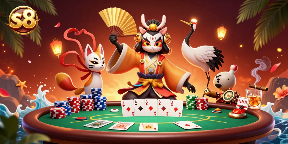 S8 players enjoying dynamic poker action with kabuki crane and colorful casino elements.
