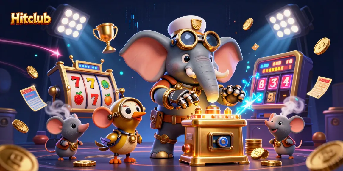 Hitclub players spin the golden slot machine while coins and fruits surround them, enhancing excitement.