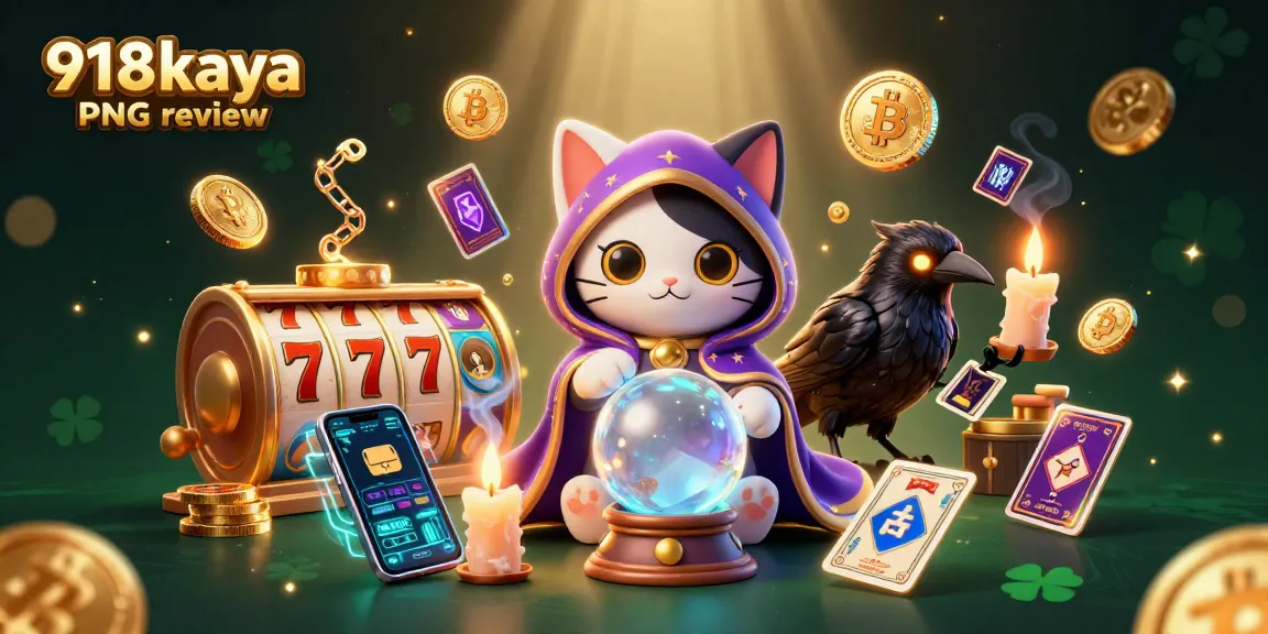 Play engaging slots in the vivid 918kaya PNG review illustration featuring a mystical cat and raven.