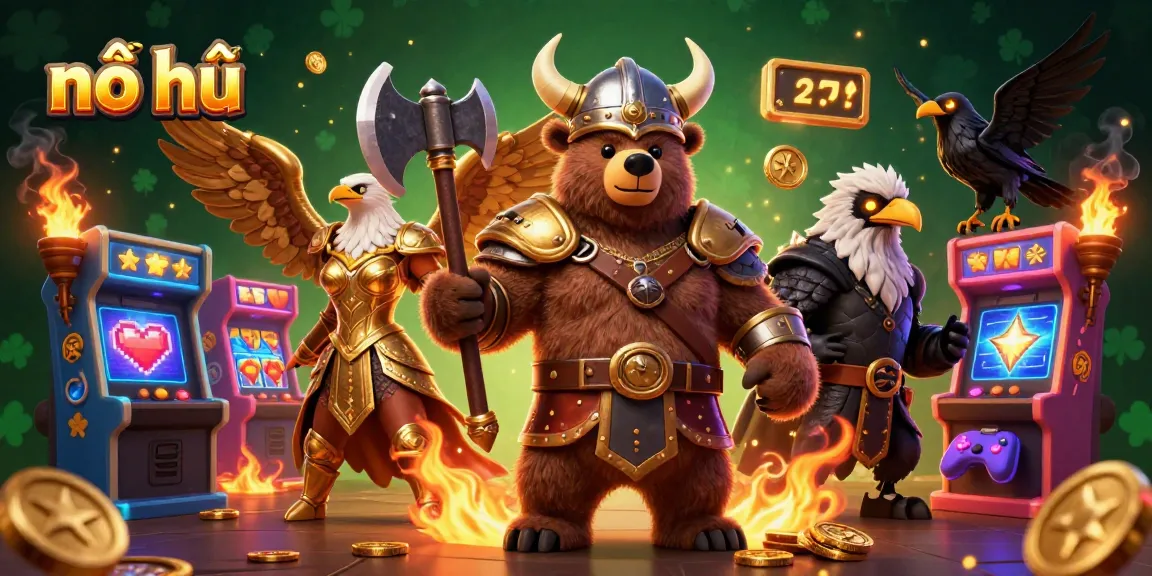 Experience exciting nổ hũ gameplay with a vibrant 3D artistic casino scene featuring slots and jackpots.