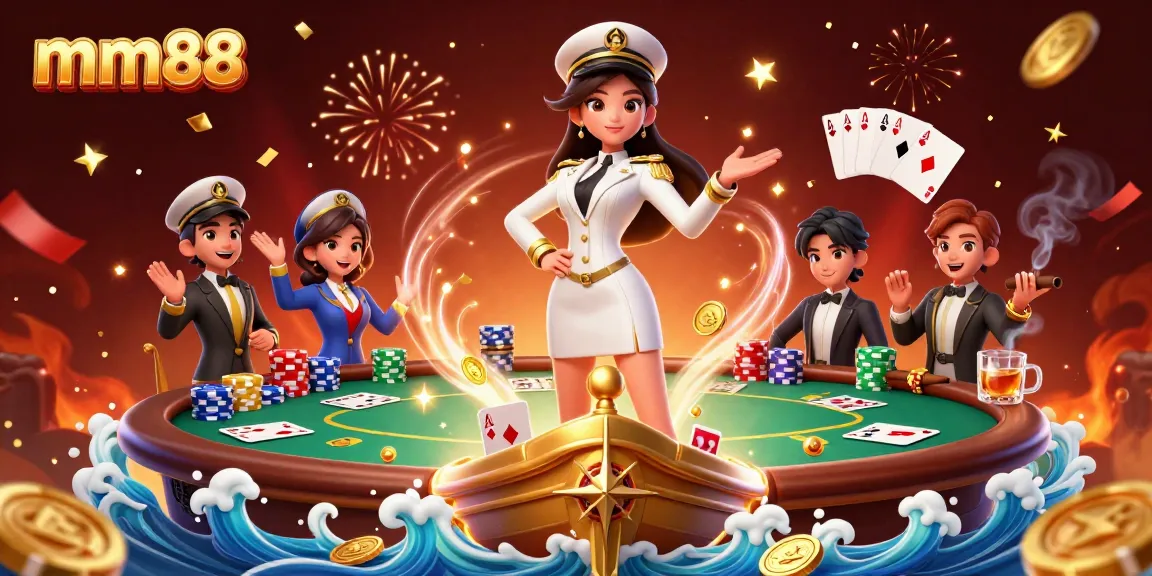 Experience exciting online gaming with mm88 in a vibrant 3D casino scene featuring dynamic poker elements.