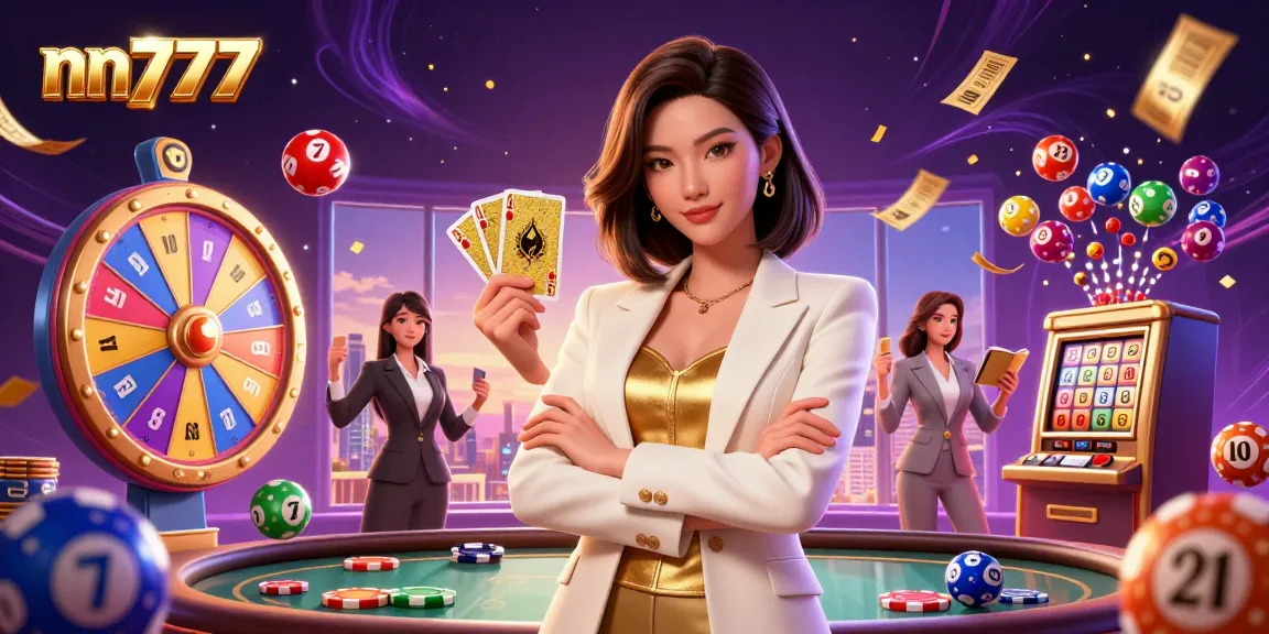 Witness the excitement of nn777 with lively lottery elements and a glamorous host, showcasing a vibrant casino experience.