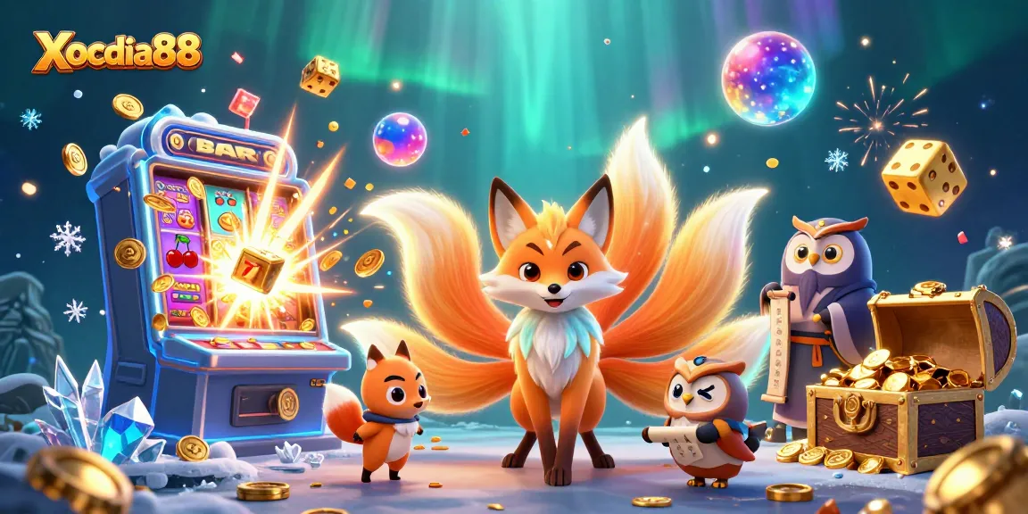 Xocdia88 offers a vibrant 3D casino scene featuring a glowing fox spirit and an owl sage amidst a jackpot explosion.