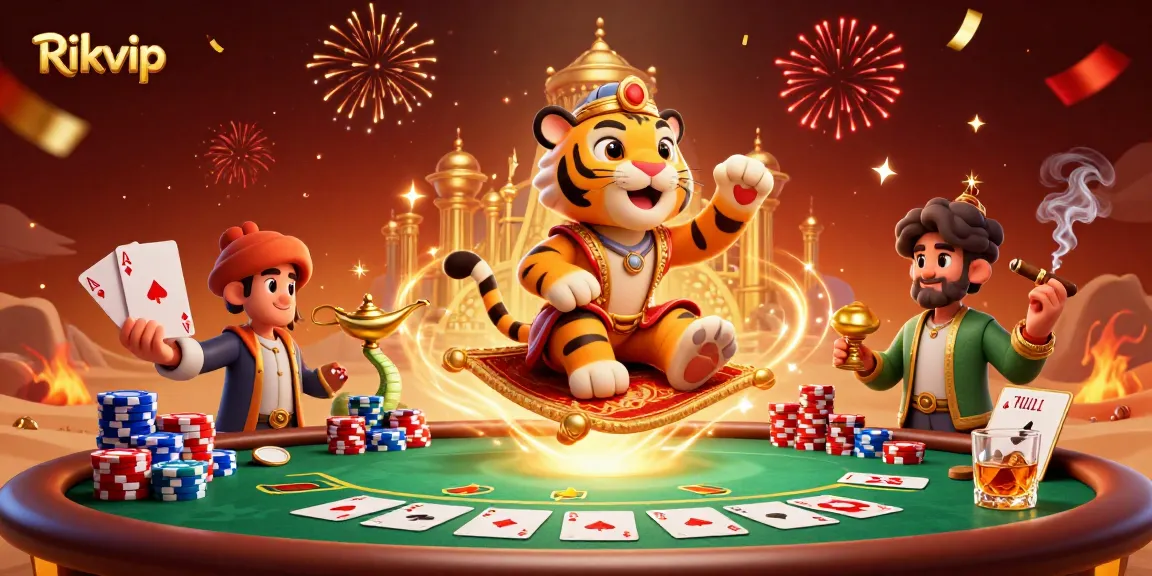Engage with the exciting world of Rikvip, featuring vibrant casino elements and a dynamic Arabian Nights theme.