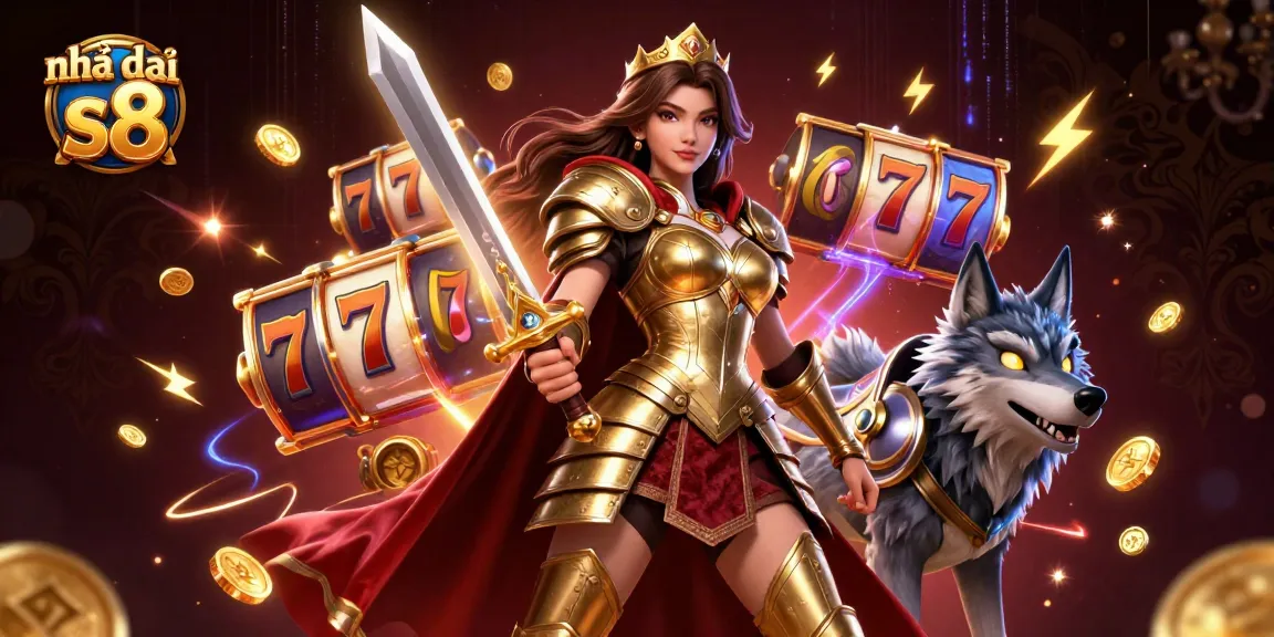 Nhà cái s8 gameplay featuring a warrior queen with a golden sword surrounded by jackpot slots and glowing coins.