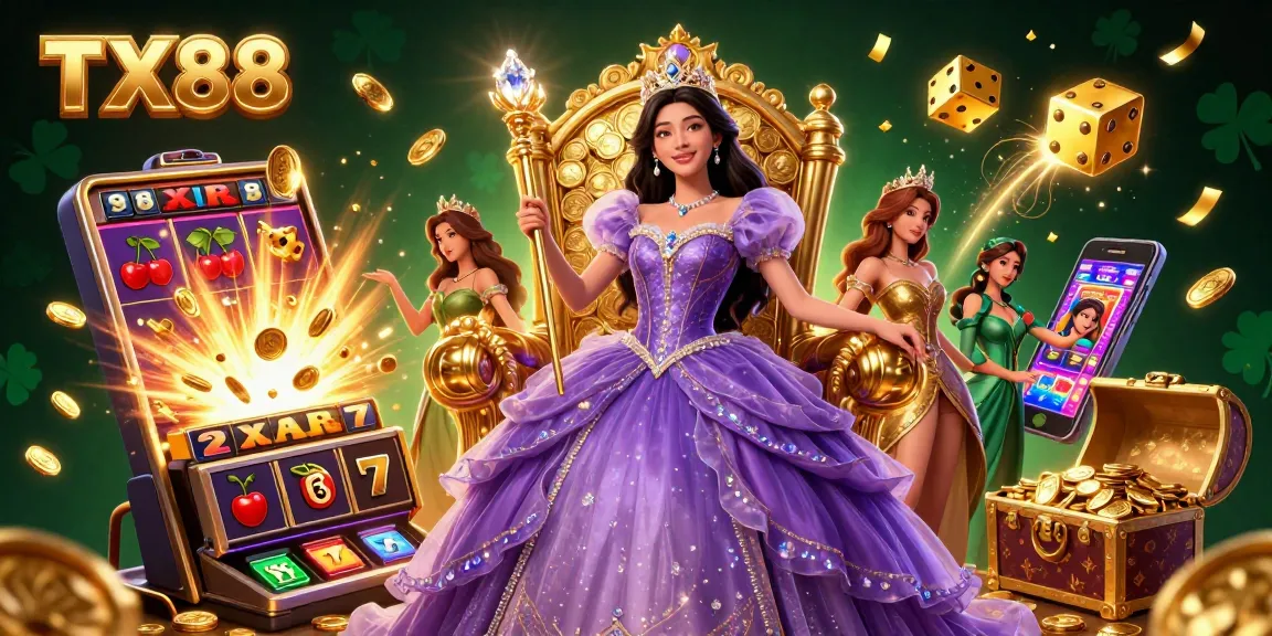 Spin the slots at TX88 with a stunning Asian princess holding a diamond scepter amidst jackpot chaos.