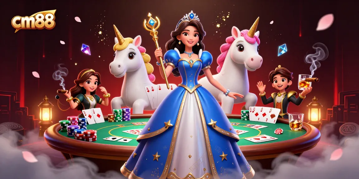 Experience the thrilling world of cm88 with a beautiful casino scene featuring poker elements and enchanting characters.